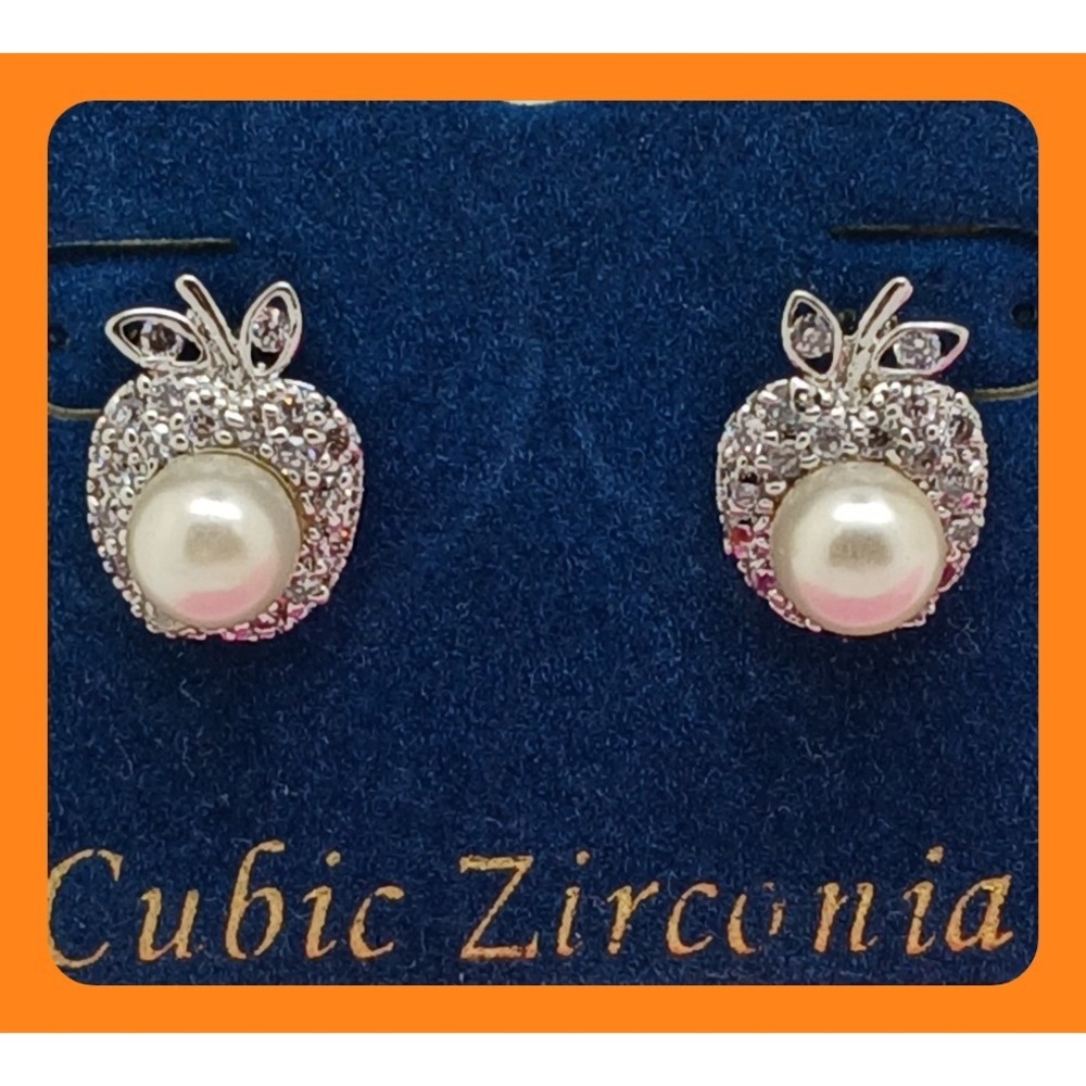Vintage 1990s Apple Stud Earrings Cubic Zirconia Faux Pearl Silver Tone Rare NEW